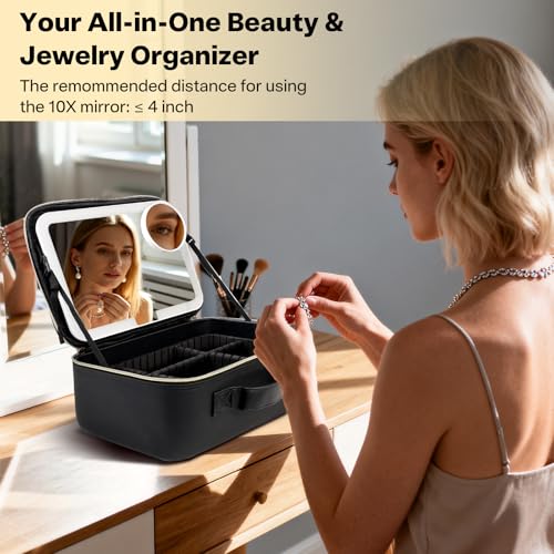 Travel Makeup Bag with LED Mirror & 10X Magnifying - Large Cosmetic Organizer