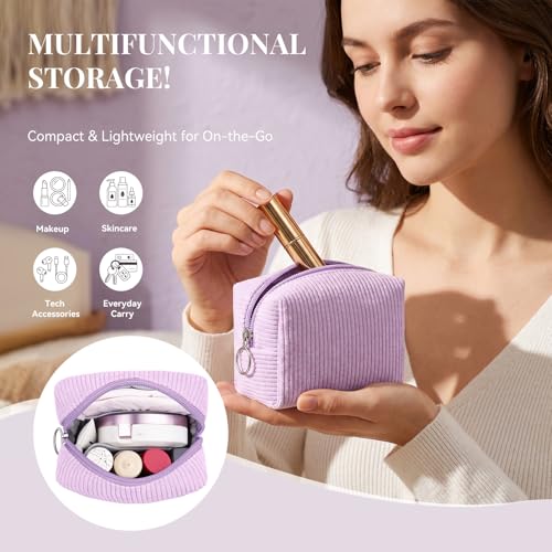 MAGEFY Corduroy Makeup Bag - Small Purple Travel Cosmetic Pouch with Zipper