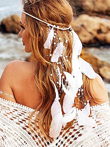 CAKURE Pearl Feather Headband White Hippie Headbands Gypsy Costume Headwear Indian Headpieces Bridal Hair Band Adjustable Headdress Wedding Feather Hair Accessories for Women and Gilrs (Type1)