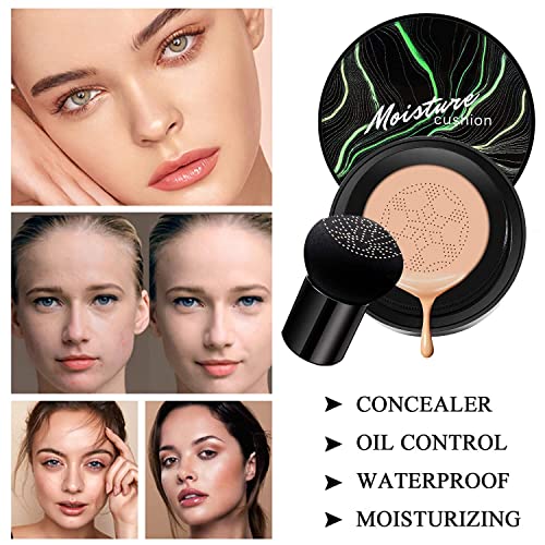 Mushroom Head Air Cushion CC Cream Nature Foundation,Moisturizing BB Cream Makeup Long Lasting Matte Concealer,Bright Makeup Base Long Lasting with Mushroom Makeup Sponge(#03 Warm Nude)