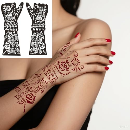 Henna Stencils for Hands – 12 Reusable Sheets with Left & Right Floral Designs