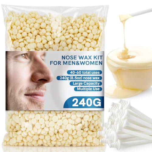 Nose Wax Kit Hair Removal Set - RAINFLOW Ear & Nose Hair Wax Kit for Men and Women,240g Wax Beads with Applicator Sticks, Home Grooming for Dating, Interviews, Travel, Salon-Like Results up to 4 Weeks