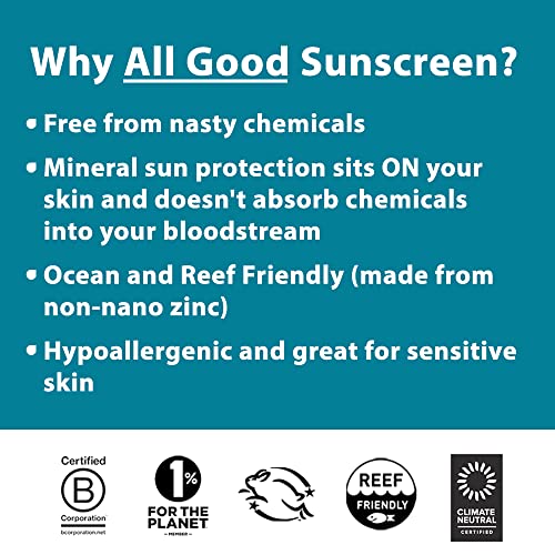 All Good Tinted Mineral Sport Sunscreen Lotion for Face & Body - UVA/UVB Broad Spectrum, SPF 30, Coral Reef Friendly, Water Resistant, Coconut Oil, Jojoba Oil, Shea Butter, Aloe (3 oz)