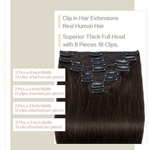 S-noilite Clip in Human Hair Extensions Thick True Double Weft 100% Remy Human Hair Hair Clip in Extensions Full Head 8 Pieces 18 Clips Straight Silky (12 inch - 115g,Dark Brown (#2))
