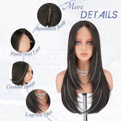 Haloo Brown Wig with Curtain Bangs - 24-Inch Lace Front Synthetic Wig