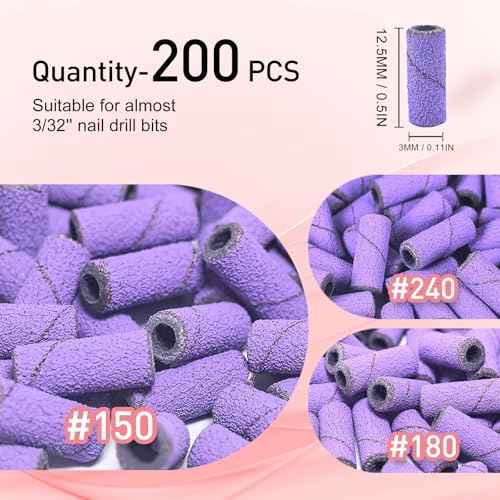 Small Sanding Bands Nail Drill Bits, Corfulra 200PCS Sanding Bands for Nail Drill with 2 3.1mm Mandrel bits, 150 Fine Grit Nail File for Acrylic Nails Gel Manicures and Pedicure, Purple
