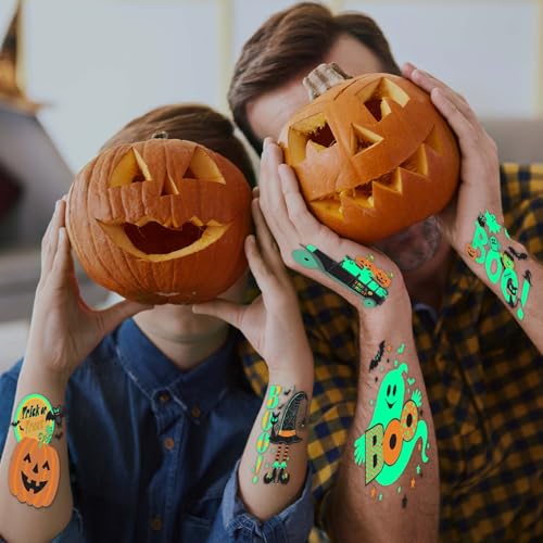 Winthrop 100 Pcs Glow in The Dark Halloween Temporary Tattoos for Kids, Individually Wrapped Waterproof Large Luminous Tattoos, 25 Cute Designs, Trick-or-Treat Party Favors, Candy Bag Alternatives