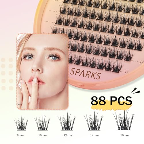 Mayhug Lash Clusters 88 Pcs Cluster Eyelash Extensions Anime Lashes D Curl False Eyelashes Fluffy Lashes Wispy DIY Lash Extensions at Home (Sparky,Mix8-16mm)