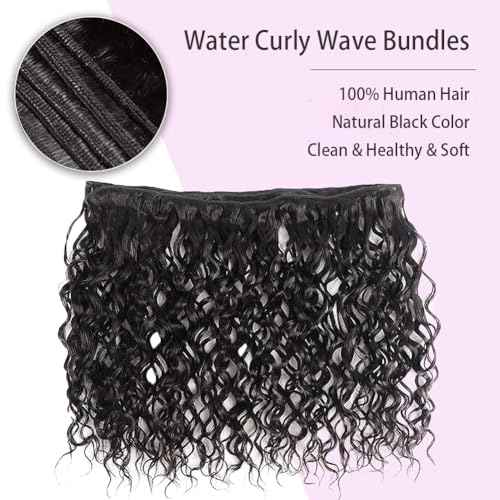 Water Wave Bundles Human Hair (10 12 14 Inch) 100% Unprocessed Brazilian Virgin Human Hair Curly Bundle For Black Women Wet and Wavy Double Weft 3 Bundles Natural Black