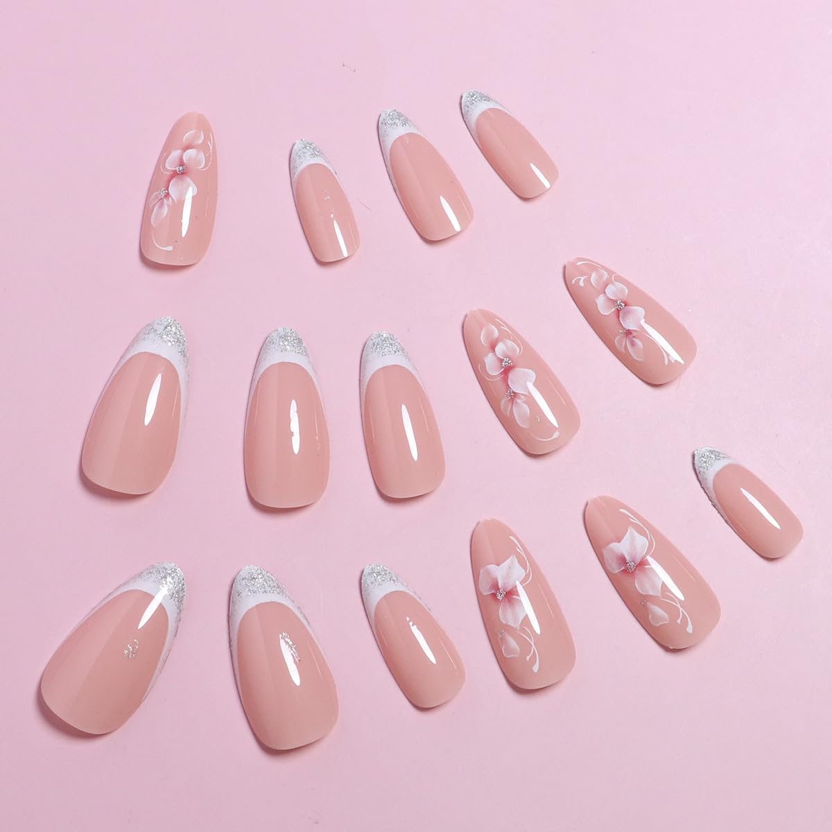 72PCS (3 Boxes) Press on Nails Medium Design, Medium Fake Nails Almond French False Nails with Floral Love Glue Acrylic Nails for Women & Girls 24pcs