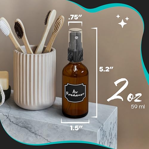 Nevlers Small Spray Bottle 2 Oz 48 Pack | Amber Glass Spray Bottles for Cleaning, Oils, Perfume Alcohol & More | Mist Bottle Set w/Shrink Wrap, Funnel, Brush, Labels & Marker | Small Glass Bottles