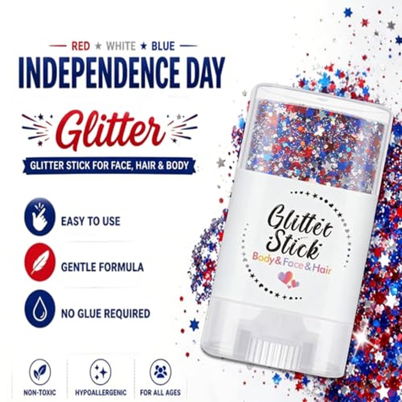 Patriotic Glitter Sticks - Red White Blue Makeup (2PCS)
