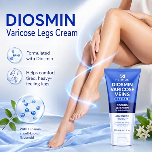 Hermon Diosmin Varicose Veins Relief Cream for Legs - Fast-Acting Skin Smoothing Gel, Made in Italy, 5.07 Fl Oz