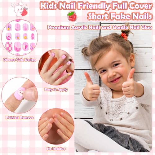Kids Pink Fake Nails Set with 288 Self-Adhesive Press On Tips for Girls 8-12