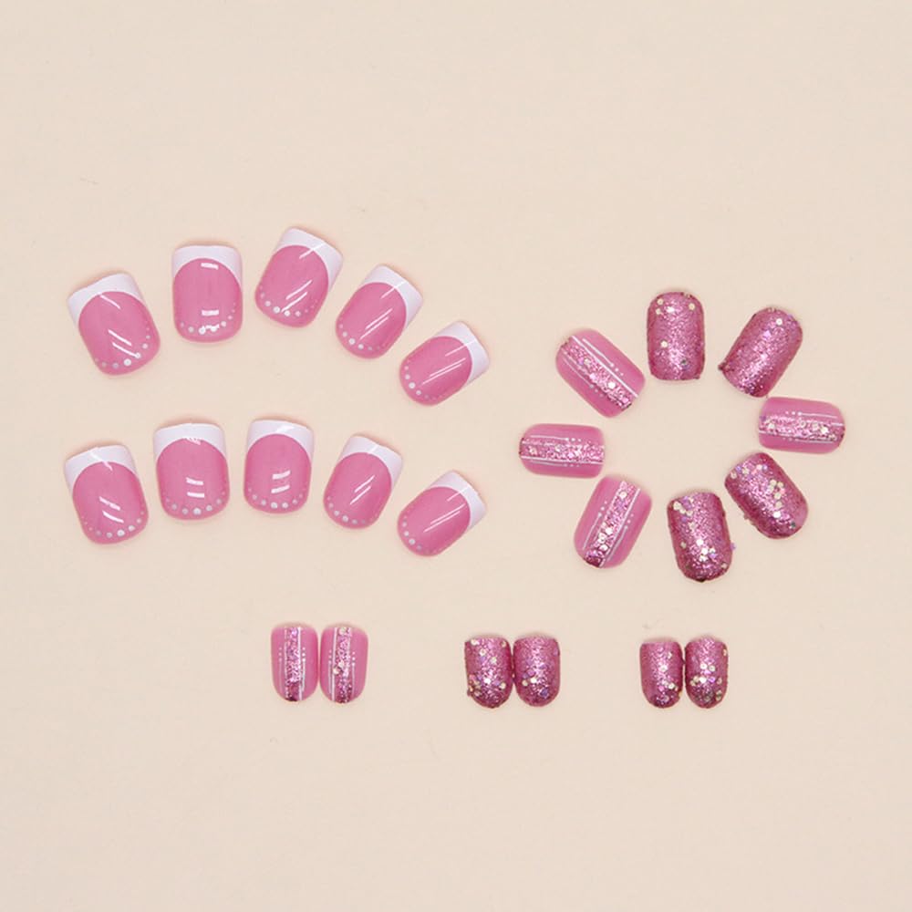 24Pcs Short Press on Nails Square Cute Fake Nails False Nails Full Cover Nails Press ons Short Nail Tips Art Kit French Acrylic Rose Pink Stick on Nails with Sequins Glue on Nails Manicure Decorations