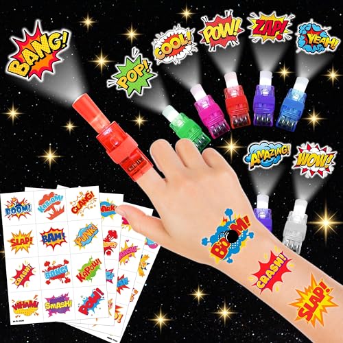 Hero LED Finger Lights & Tattoos 72 Pc Party Favor Set