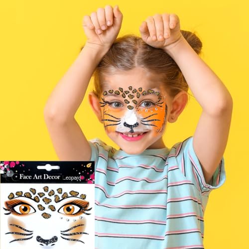 Leopard Face Temporary Tattoos - 2 Sheets with Gems