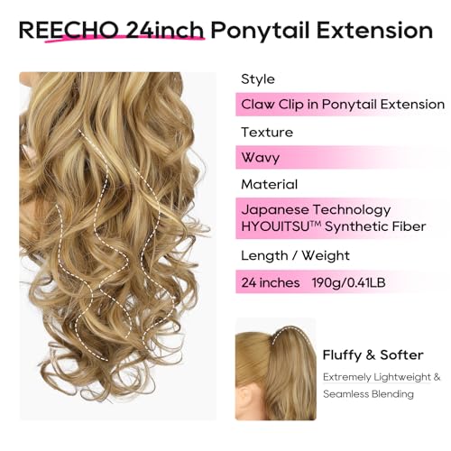 REECHO 24" Claw Clip Ponytail Extension - Curly Wavy Hair