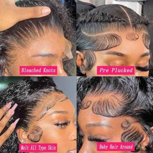 13x6 Deep Wave Wigs Human Hair Deep Wave Lace Front Wigs Human Hair 200% Density HD Lace Frontal Wigs for Balck Women Pre Plucked Glueless Deep Curly Wig Natural Black (32 Inch)