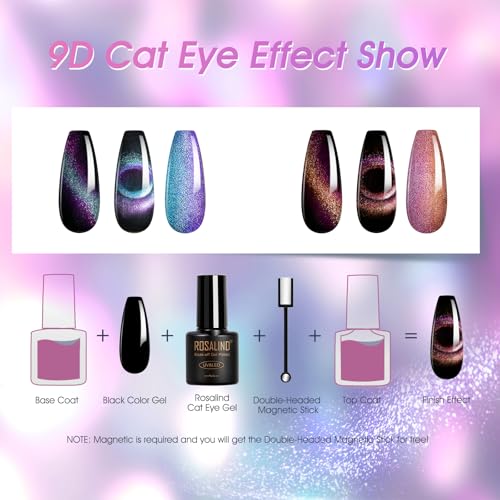 ROSALIND Cat Eye Gel Nail Polish Set - 8 Glitter Silver & Magnetic Colors