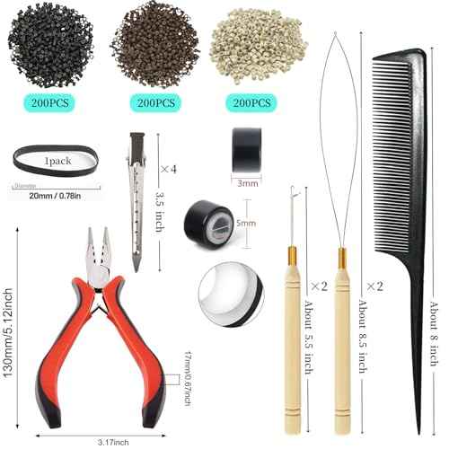 Hair Extension Tools Kit, 3 Colors 600pcs Micro Silicone Rings Beads Hair Extensions Kit Hair Pliers Micro Pulling Hook Needle Loop Threader and 600pcs Micro Silicone Links(Black,Brown,Blonde)