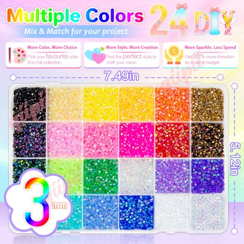 qiipii 3mm Jelly Resin Rhinestones Kit - 24 Colors Flatback Craft Gems