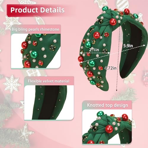 Aodse Christmas Headbands for Women Pearl Rhinestone Hairband Knotted Crystal Head Band Non Slip Wide Top Knot Headband Holiday Jeweled Hair Accessories (Xmas Green)