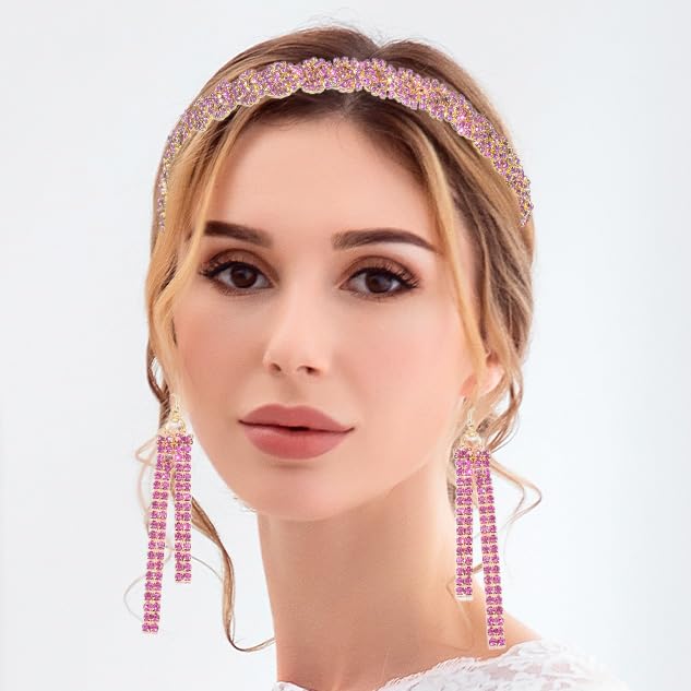 Fstrend Braided Rhinestones Elastic Headband Tassel Earrings Set Gold Crystal Hairbands Eardrop Sparkle Head Chain for Women(Pink)