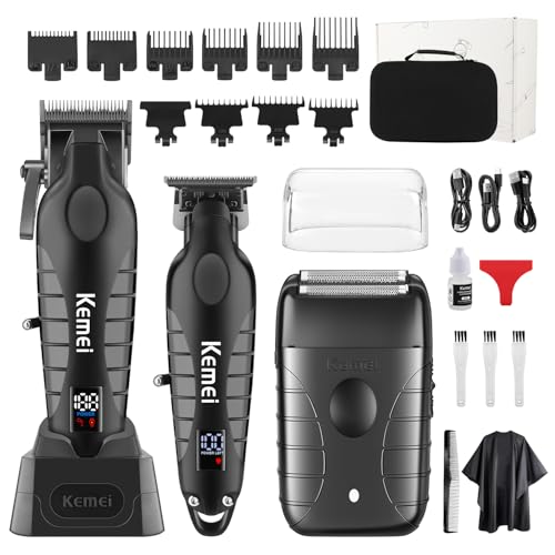 KEMEI Professional Cordless Hair Clippers & Beard Trimmer Set with Foil Shaver