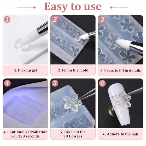 2PCS Floral Silicone Nail Art Molds with Double-Ended Sculpting Pen for 3D Nail Design