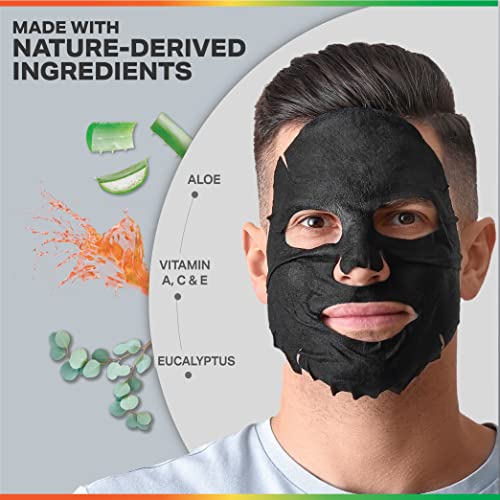 ODB for MEN Charcoal Essence Sheet Mask for Bearded Men 24 PK Hydrating Aloe & Purifying Vitamin Facial Mask for men with beards Mens Skin Care Sheet Masks for Face Mens Skin Care Kit Bulk Face Masks