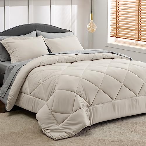 Bedsure Beige Twin Comforter Sets - 5 Pieces Reversible Twin Bedding Sets for College, Beige Extra Long Bed Set Twin with Comforters, Sheets, Pillowcase & Sham