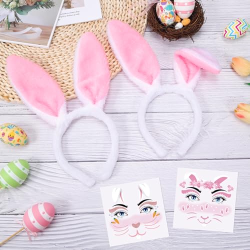 Konsait Bunny Ears Headband with Bunny Face Stickers Tattoos, Easter Bunny Ear Headband Rabbit Temporary Makeup Face Tattoos Rabbit Costume Accessories for Women Girls