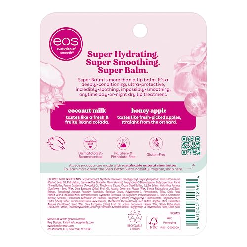 eos 24H Moisture Super Balm- Coconut Milk & Honey Apple, Lip Mask, Day or Night Lip Treatment, Made for Sensitive Skin, 0.35 fl oz, 2-Pack