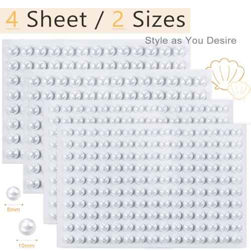 4 Sheets Pure White Flatback Pearls Stickers Self Adhensive Solid White Big Half Pearls Stick On Jewels 8mm 10mm Large Sizes Gems Stick on for Nails Face Eyes Hair Makeup Clothing DIY Crafting