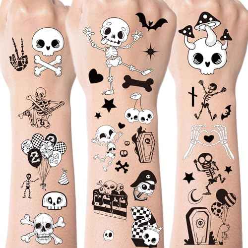 Bad 2 Skull Bone Temporary Tattoos - 300+ Bad 2 Bone Party Decorations Favors Supplies for Kids Boys 2nd Birthday Decorations Black White Skeleton Skull Tattoo Stickers Born to Rock Music Party Decor