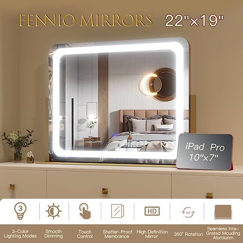 FENNIO Gold Vanity Mirror with Lights 22"x19" LED Makeup