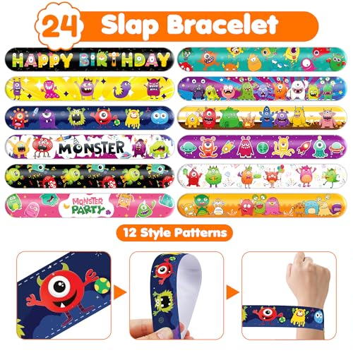 72PCS Monster Party Set - 48PCS Temporary Tattoos & 24PCS Slap Bracelets - Fun Monster-Themed Birthday Supplies, Baby Shower Gifts, Classroom Rewards & Party Decorations for Kids (Boys & Girls)