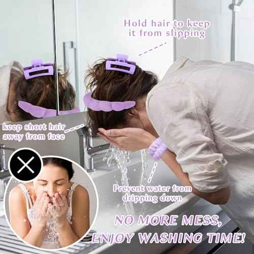 Wecoe Pink Purple Spa Headband And Wristband Set Skincare Headband For Washing Face Hair Claw Clips For Thick Hair Cute Puffy Sponge Bubble Makeup Head Band Wrist Towels Scrunchies For Women Girls