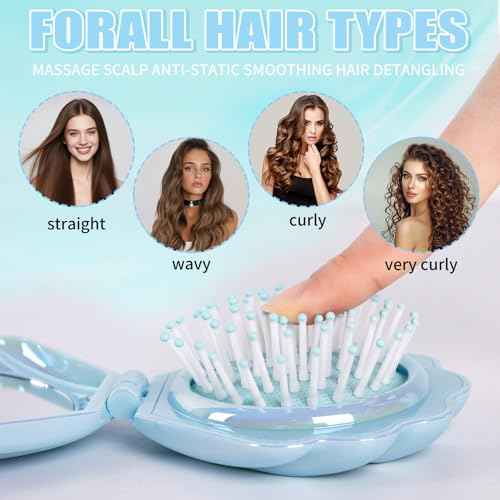 Metallic Shinning Finish Foldable Travel Hair Brushes with Mirror Shell Shape Portable Folding Pocket Hairbrush Mini Hair Comb Purse Compact Size Hair Massager (Blue)