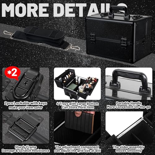 Large Makeup Train Case Cosmetic Organizer Case Makeup Box Portable Make Up Artist Travel Case with 4 Trays with Dividers Lockable Hard Train Case Nail Tech Supply Storage - Starry Black