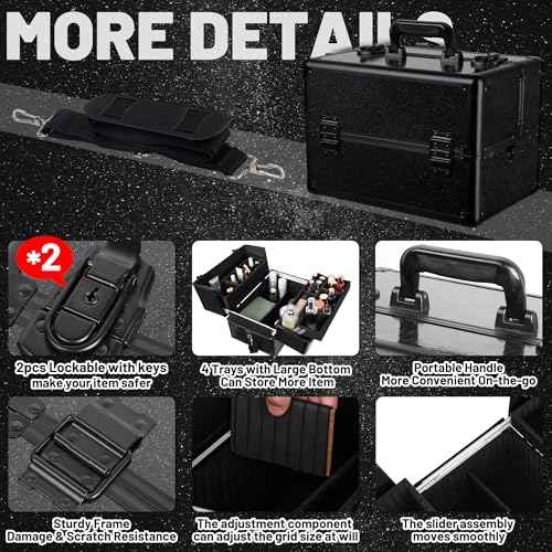 Large Makeup Train Case Cosmetic Organizer Case Makeup Box Portable Make Up Artist Travel Case with 4 Trays with Dividers Lockable Hard Train Case Nail Tech Supply Storage - Starry Black