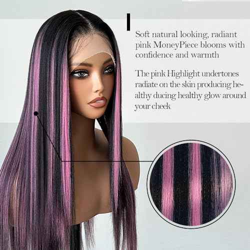 X-TRESS Highlight Pink and Black Wig 13x4x1 HD Lace Front Wigs Pre-plucked with Baby Hair 26Inch Straight Synthetic for white Women black Pink Highlight T-part Lace Halloween Wigs