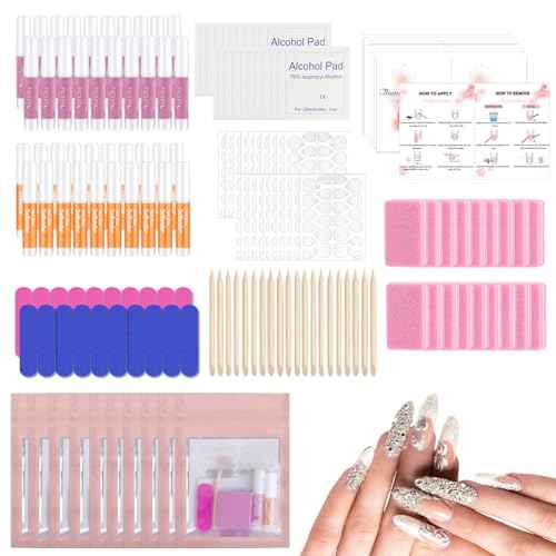 20PCS Press On Nail Tool Kit: Nail Prep Kit with Glue, Remover, Mini File, Buffer, Prep Pad, Adhesive Tabs, Wood Stick, Instruction Card
