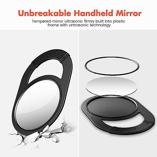 TASALON Unbreakable Hand Mirror, Hand Mirrors with Handle, Salon Mirror, Barber Mirror for Hair, Anti-Slip Hand Held Mirror with Rubber Grip for Travel, Makeup, Shaving, Shower, Camping - Black