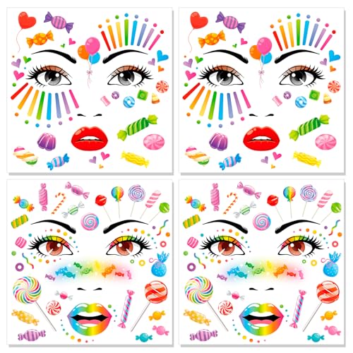 HOWAF Halloween Candy Face Tattoos, 4 Sheets Temporary Stickers