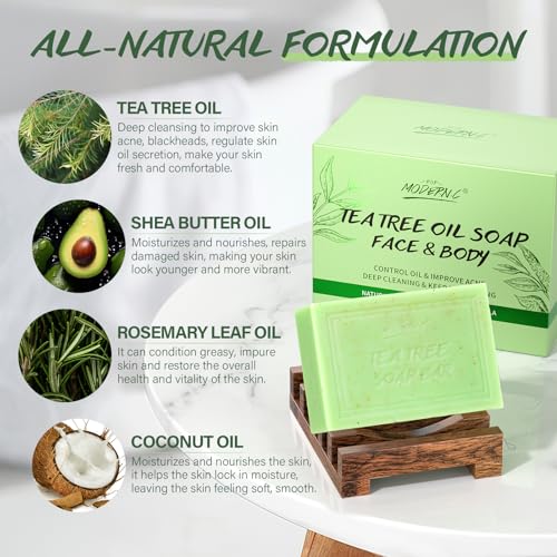 Tea Tree Oil Soap Bar for Face & Body Wash All Natural Organic Bath Soaps Acne Hand Foot Body Oder Moisturizer Plant Deodorant Facial Cleanser Women Men with Soap Holder Bag Scrubber Mesh