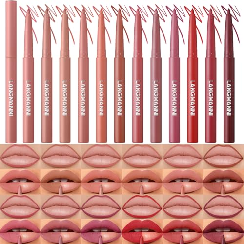 LANGMANNI 12 Color Waterproof Matte Lip Liner Set - Creamy, Highly Pigmented, Long-Lasting