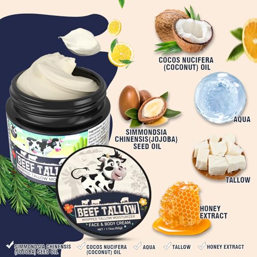 Beef Tallow Face Moisturiser - 100% Grass Fed Beef Tallow for Skin Care - Natural Handmade Lotion Whipped Beef Tallow Cream for Face & Body Sensitive Skin (New Black)