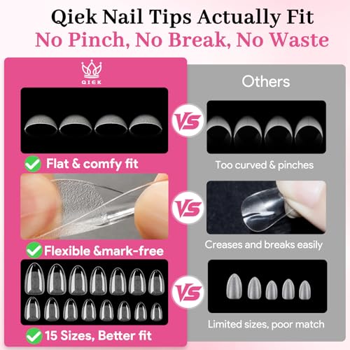 Short Almond Nail Tips - 240 PCS, 15 Sizes, Pre-Matte Clear Press On